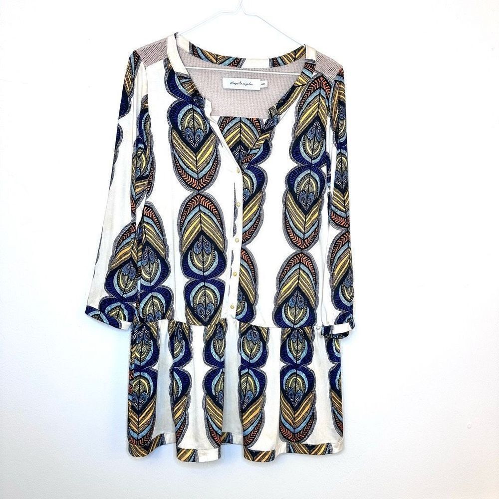 T Bags Los Angeles 3/4 Sleeve Ethnic Print Peplum Tunic Blouse Multicolor Medium